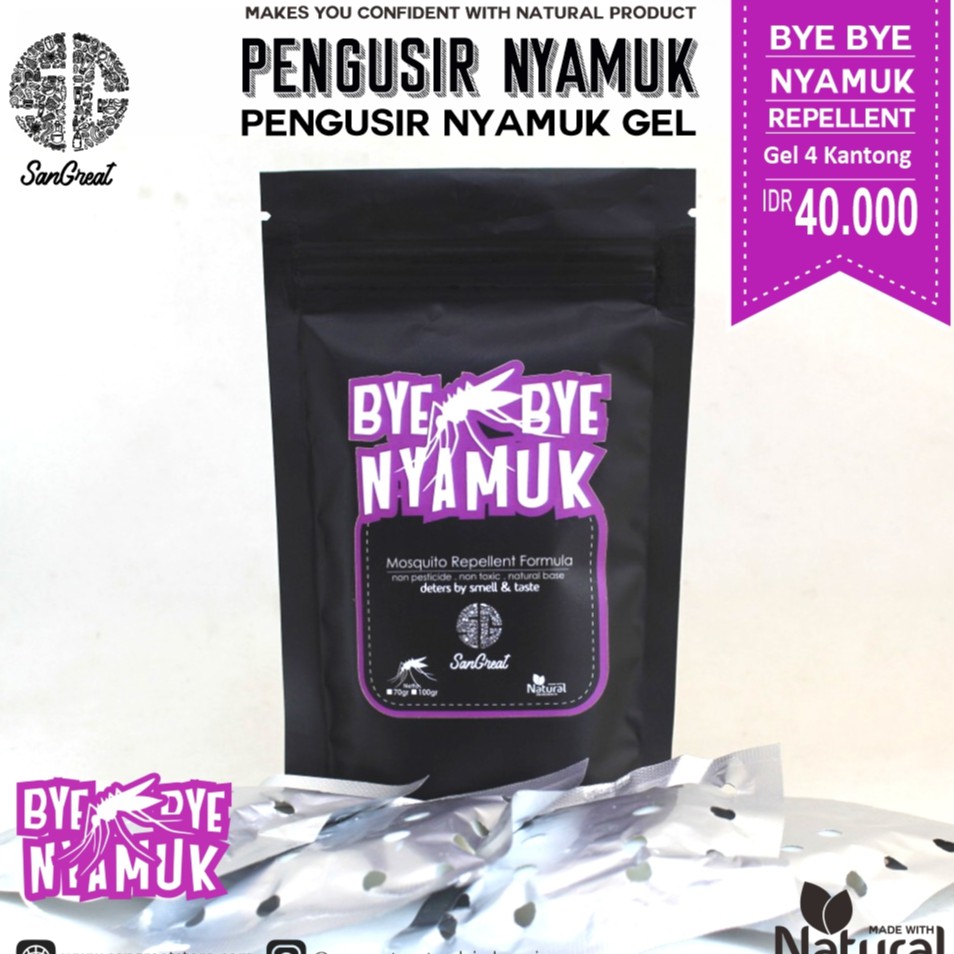 Anti nyamuk untuk bayi balita anak-anak  bentuk gel siap gantung non pestisida essential oil aman dari SanGreat Bye Bye Nyamuk gel 100 gr dan spray 100 ml