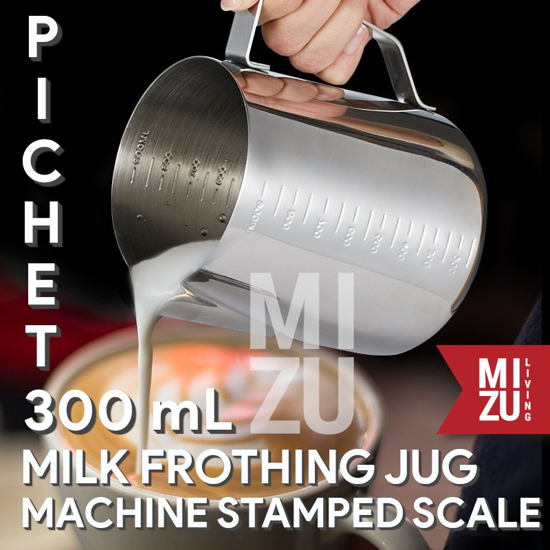 MIZU PICHET 300ml Milk Frothing Jug With STEELSCALE Latte Art Pitcher 304 Stainless Steel