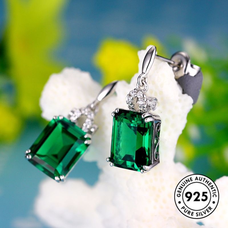 Anting Tusuk Sterling Silver 925 Desain Persegi Panjang Hias Batu Emerald Elegan Untuk Wanita