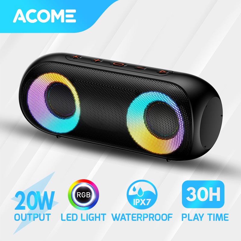 ACOME Super Bass Speaker Bluetooth 5.0 20W IPX7 Waterproof RGB Light Rhyme Rave Party A20