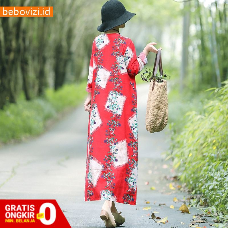 Casual Dress Longgar Wanita Katun Linen Lengan Panjang Maxi Import