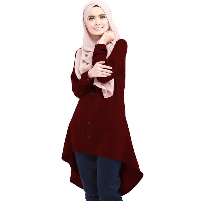 Tunik Kemeja Asimetris tangan Panjang Kancing full - Luna Maroon | Baju Muslim Wanita Tunik Terbaru