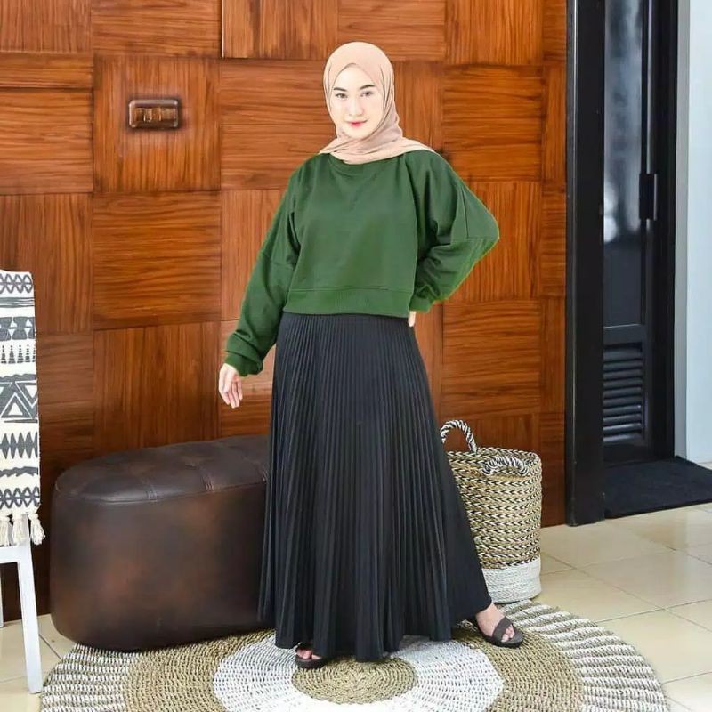 Premium Oversize Crop Sweater - Sweter Crop Wanita Kekinian-CROP - HIJAU BOTOL