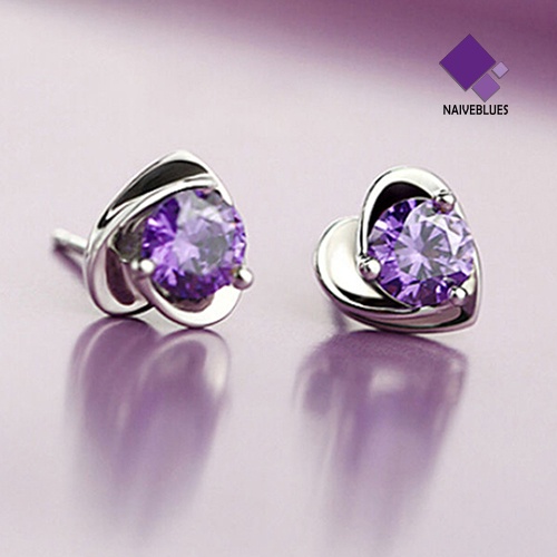Anting Stud Berlian Imitasi Bentuk Hati Warna Ungu Untuk Wanita