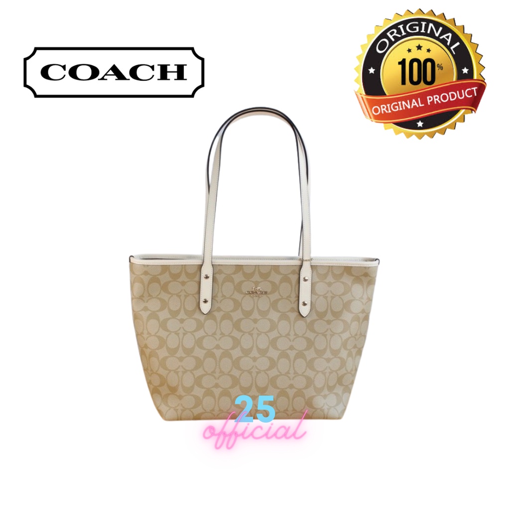 [ORIGINAL] COACH Tote In Signature Canvas With Zip Khaki Chalk / Tas Coach Original / Totebag Coach