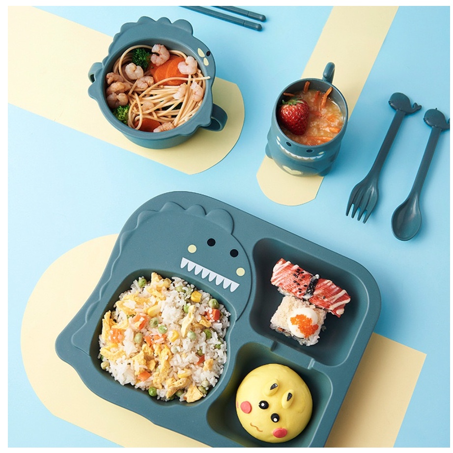 Peralatan Makan Set 6 in 1 Sendok Dan Garpu Desain Dinosaurus Untuk Anak / Set Piring Makan Anak