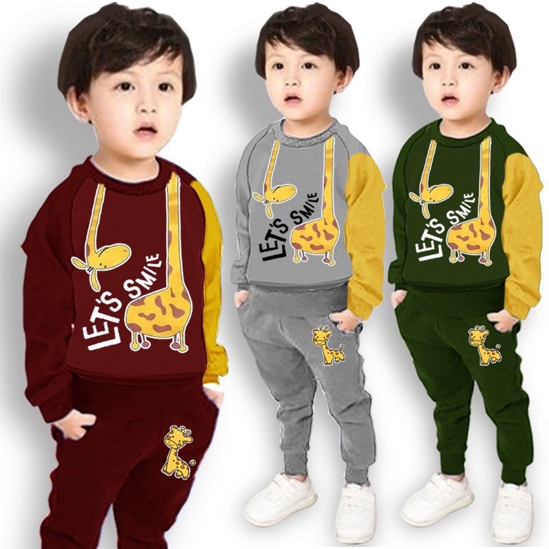 Setelan sweater joger pakaian anak perempuan motif jerapah