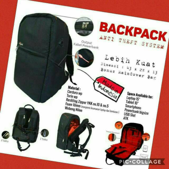 Tas Laptop Anti Maling Theft Smart USB Charger Ransel Backpack Punggung Free Rain Cover