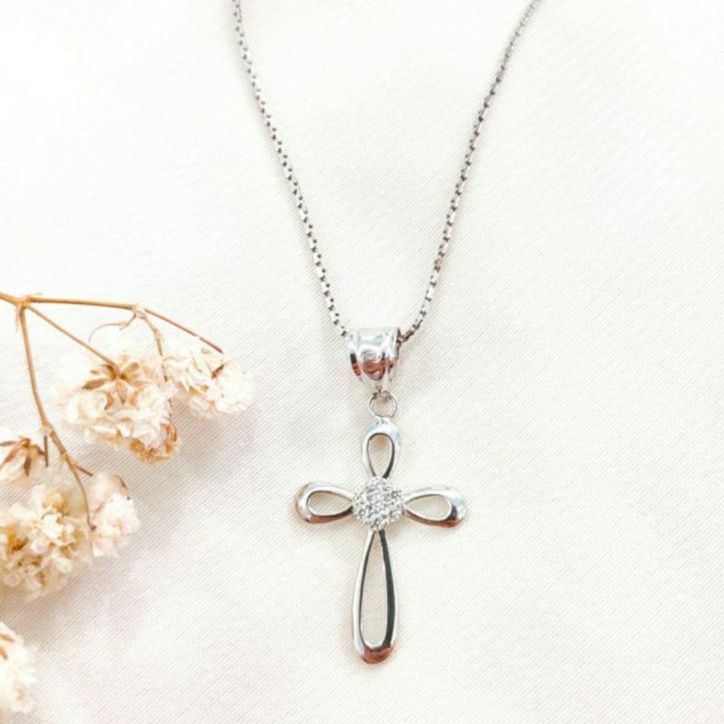 Kalung Wanita Rantai Liontin Salib Pendant Perhiasan Emas Putih asli