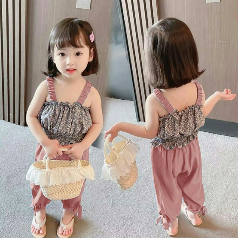 ST Set Stelan Anak Atasan Celana Shakila Twill Bunga Moly Kid Kids