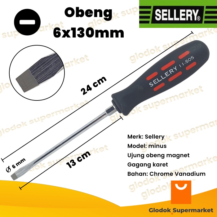 Obeng Minus 5 inch Sellery 11-505 Diameter 6mm Panjang Besi 13cm Magnet Gagang Karet