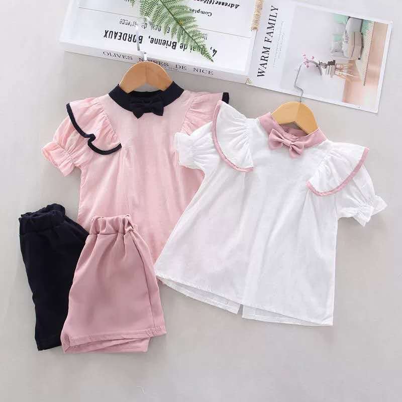KF Cat Baju setelan anak perempuan korea style polos kemeja+celana pendek set leher bulat kancing belakang-4