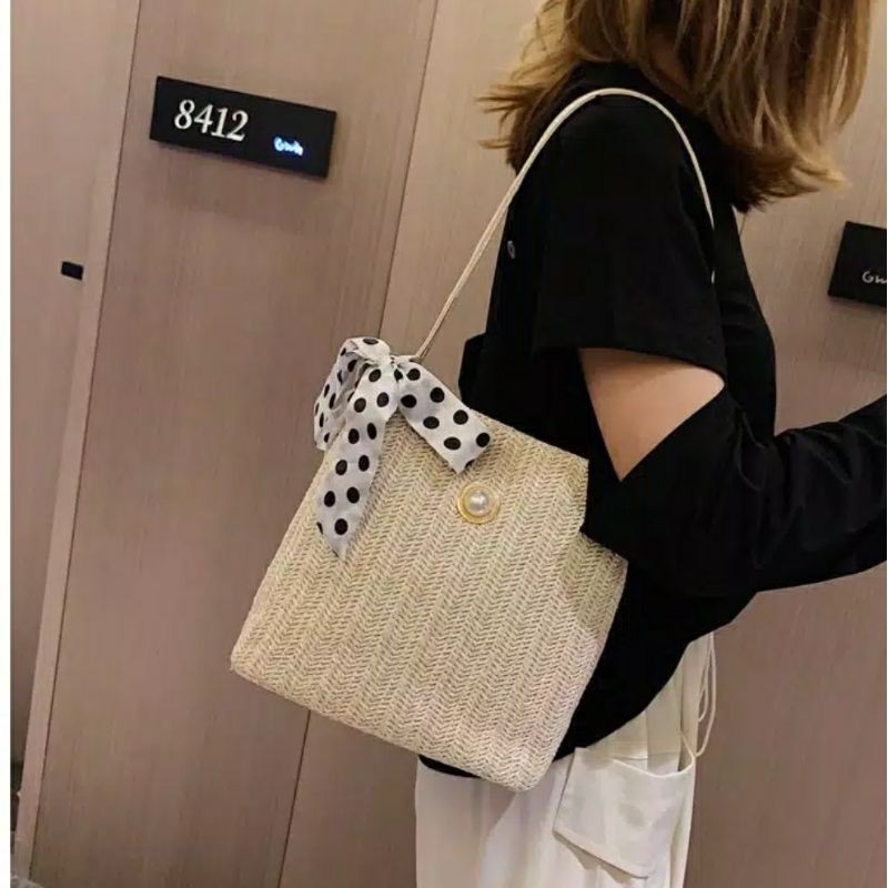 TW1906 Tas Wanita Rajut Pita Polka Simpel Kasual Cantik