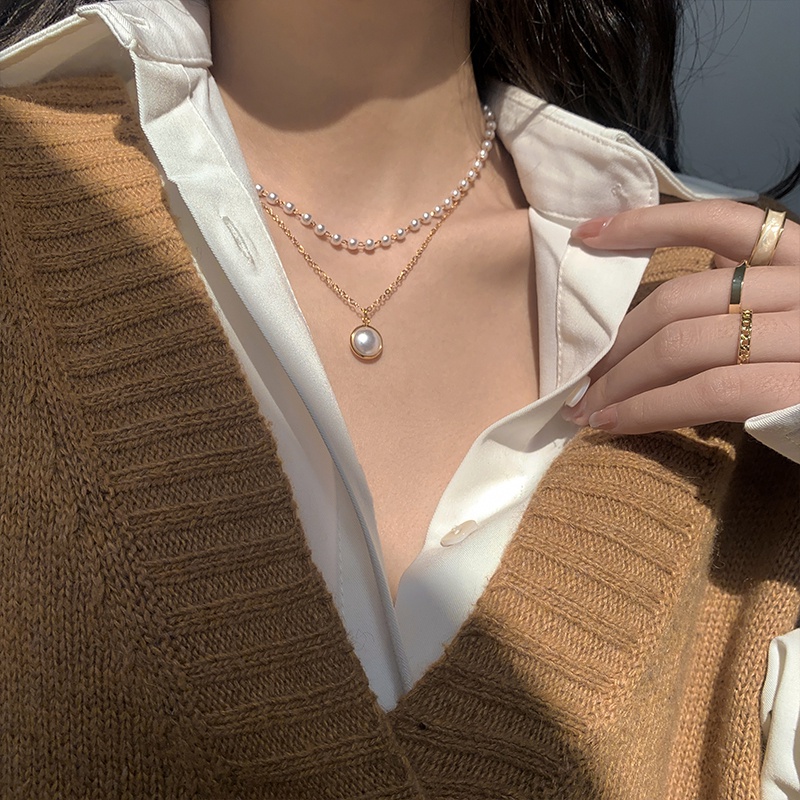 Kalung Rantai Klavikula Hias Mutiara Ganda Gaya Retro