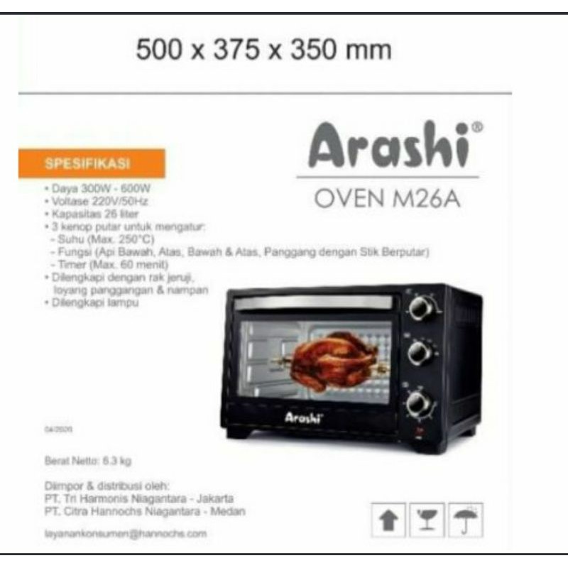 oven listrik ARASHI M 26A - 26 liter - low watt garansi - rottiseries