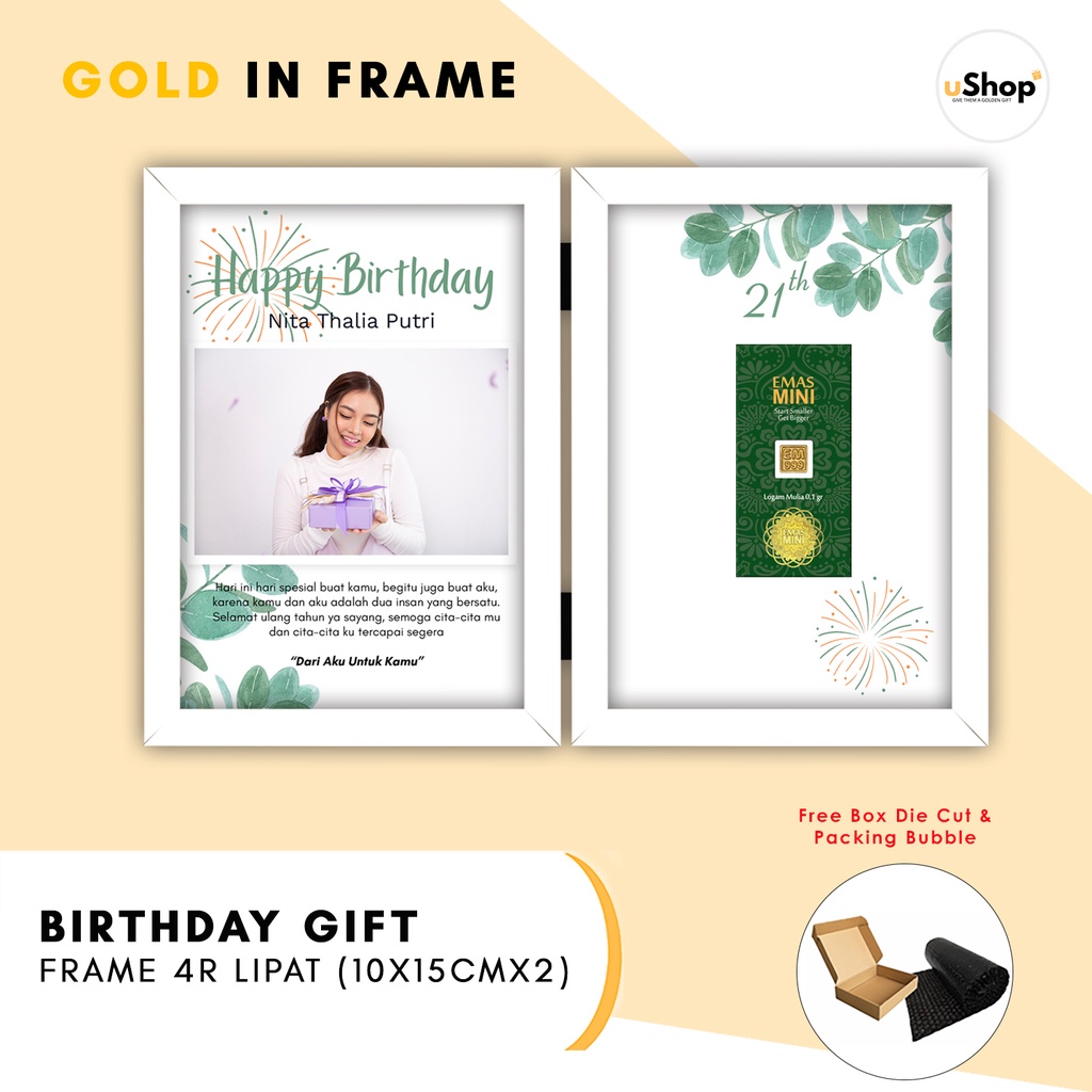 Birthday Gift Custom Foto Kado Ulang Tahun Frame 4R Lipat Logam Mulia Emas Mini