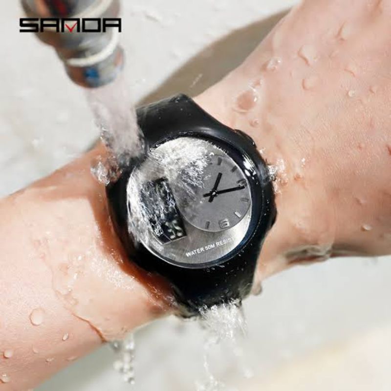 SANDA 763 Jam Tangan Pria Wanita Sport With LED Dual-Time Water Resistant Jam Sporty Bisa COD