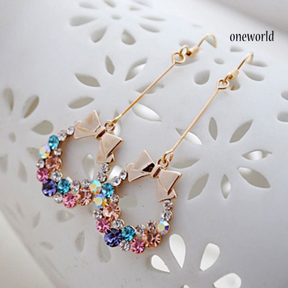 OW@ Multi-color Bowknot Jewelry Rhinestone Eardrop Long Drop Dangle Tassel Hook Earrings