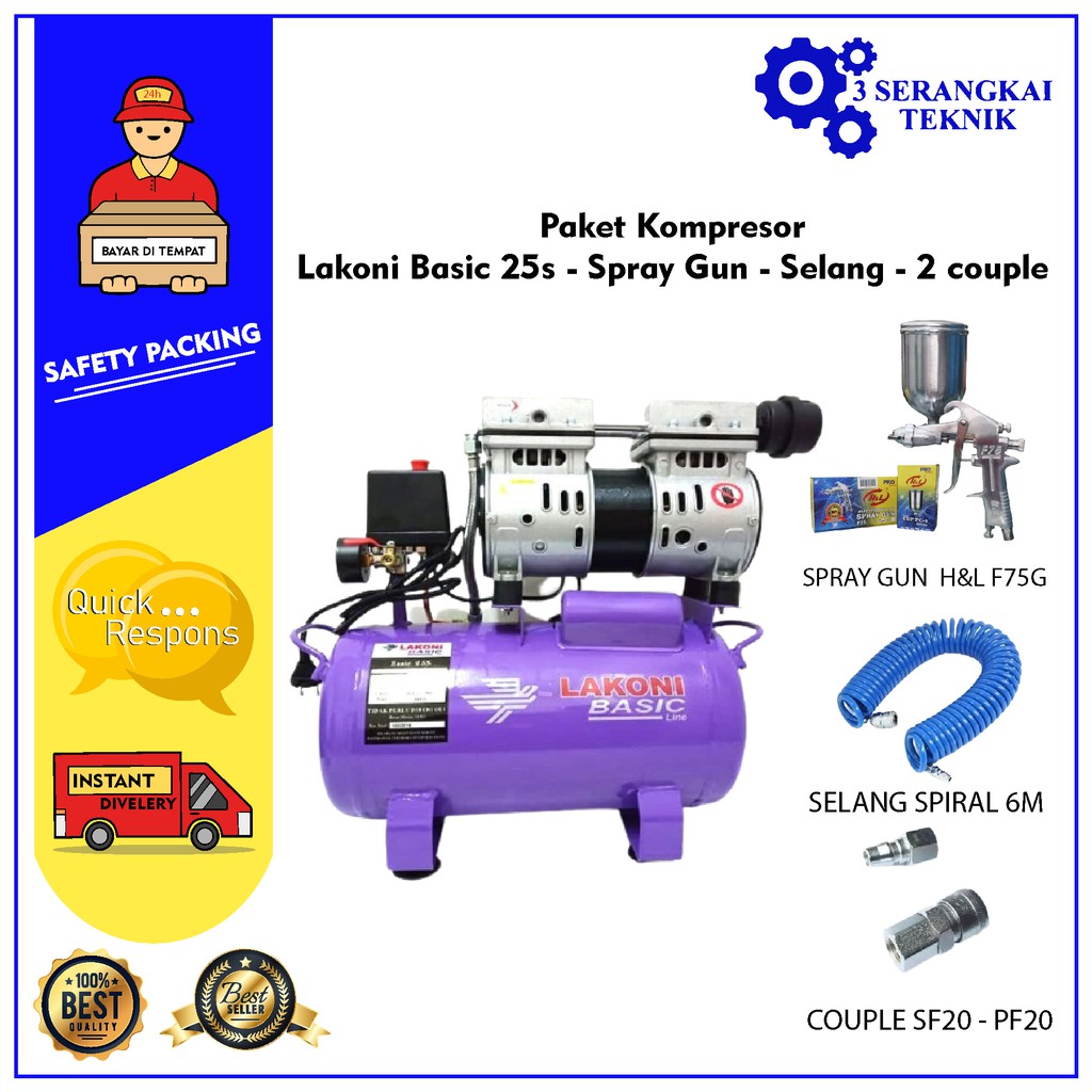 Paket Kompresor Lakoni basic 25s + Spray Gun + Selang + 2Coupler