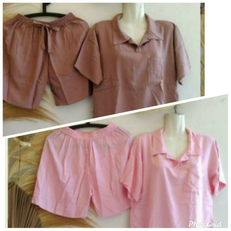 one set kerah polos celana pendek rayon bali