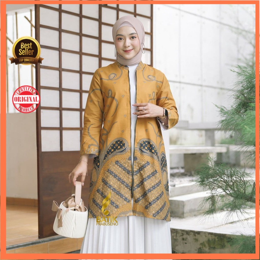 Atasan Tunik Ulfa Kuning 2 Batik Wanita Busui Friendly Model Zipper Depan Original Prabuseno Katun P