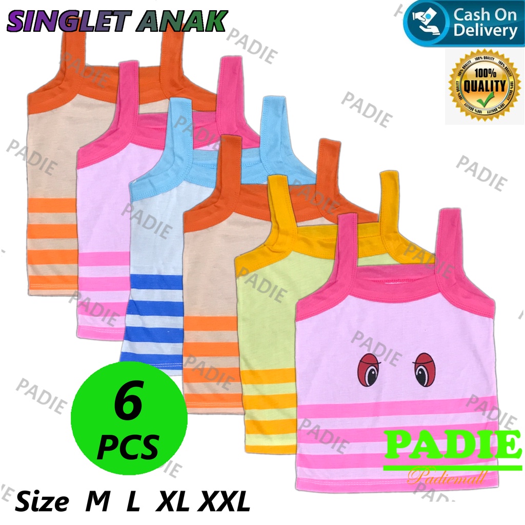 BAYIe - 6 PCS Kaos Singlet/Tanktop/Tengtop/Kutung Anak Perempuan Cewek Motif Mata/Sofia Size M, L, XL