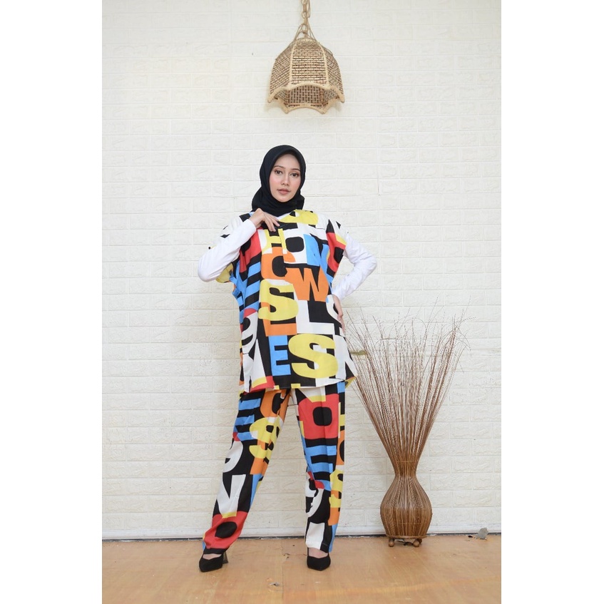 Setelan Piyama Babydoll Lengan Pendek Kekinian Baju Tidur One Set Rayon Premium Wanita Dewasa Busui-BlackALfabet