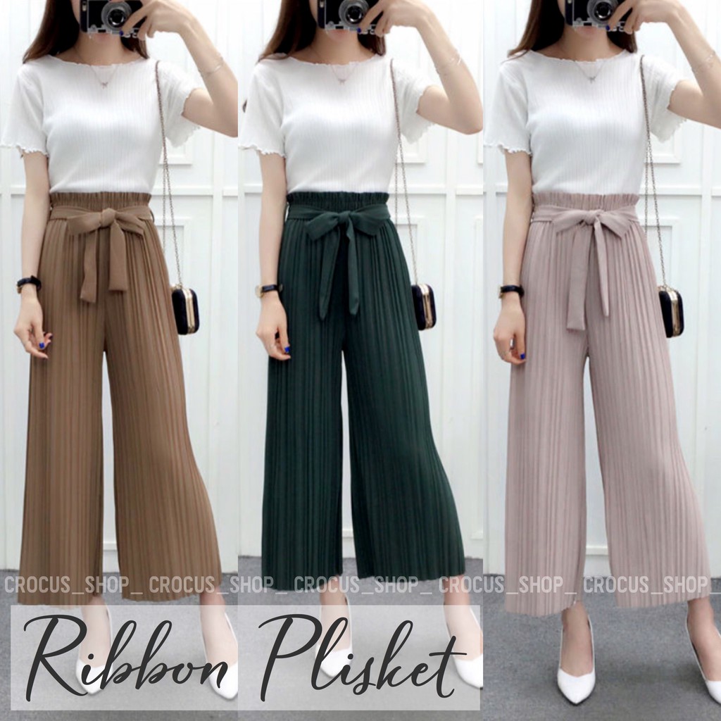 CS Celana Pleated Kulot Plisket Ribbon Pita Shopee 