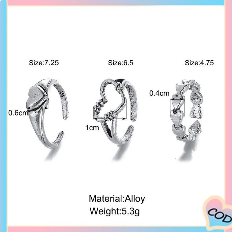 COD❤️3pcs Cincin Model Terbuka Desain Gelombang Hati Warna Silver Gaya Vintage Untuk Wanita-A.one