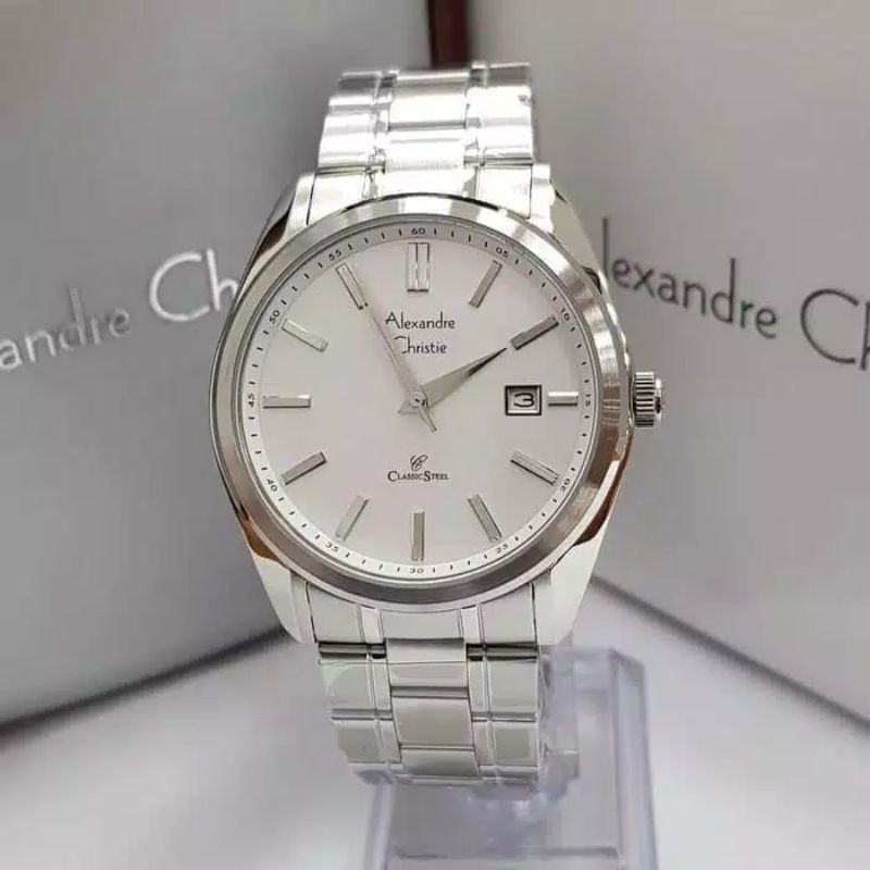 Jam Tangan Alexandre Christie AC 8514 Rantai Silver Pria/ Cowok Original