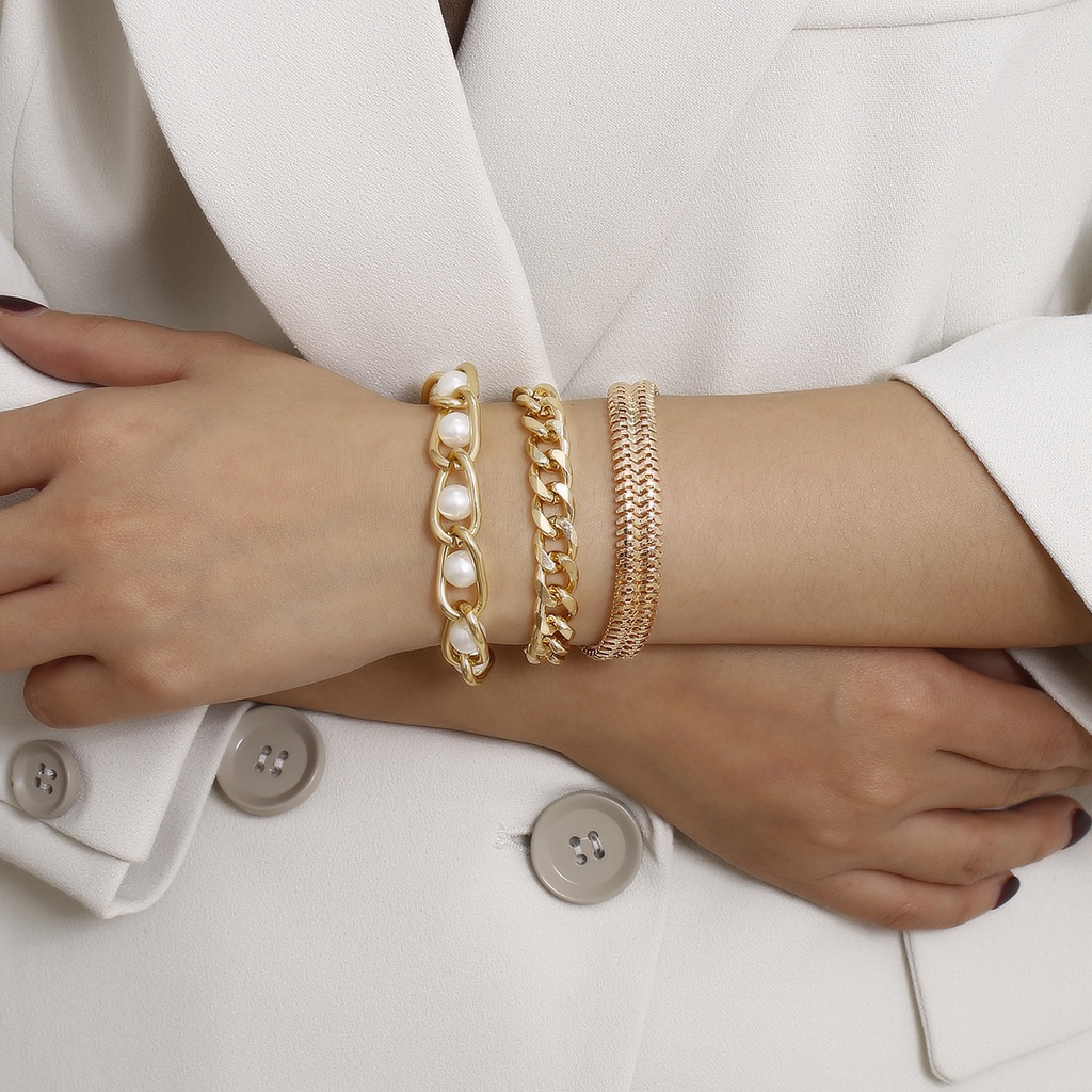 Eropa dan Amerika Fashion 3 * Pcs Gelang Mutiara Emas Liar Ular Tulang Rantai Wanita Kuba Gesper Kepribadian Jalan Mengalahkan Gelang Perhiasan