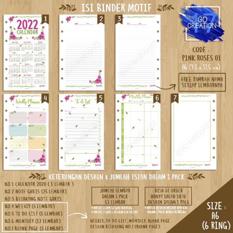 

Buku Planner isi Kertas Binder Motif Pink Roses 01 Premium A6 ring 6