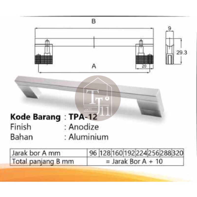 HANDLE HUBEN TPA 12-96mm / TARIKAN LACI LEMARI HUBEN TPA 12 - 96 MM KOMPLIT 1 SET + BAUT