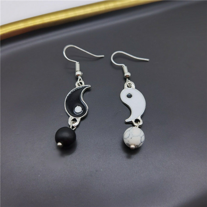 Anting Tusuk Perak Tai Chi Hitam Putih Gaya Cina Rangkaian Gosip Aksesoris Fashion Wanita Earrings- olo