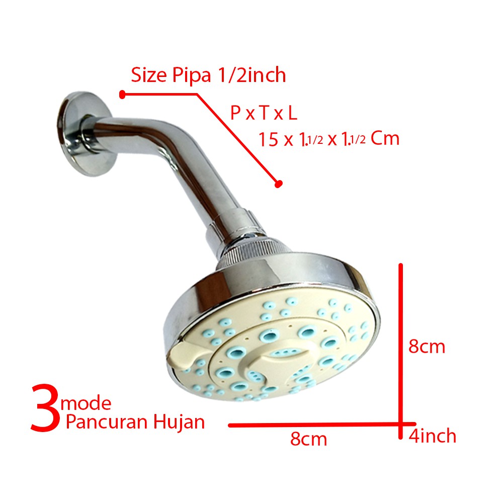 Wall Shower 4inch Shower Tanam 3 Mode Fungsi Pancuran Hujan Drat 1/2in