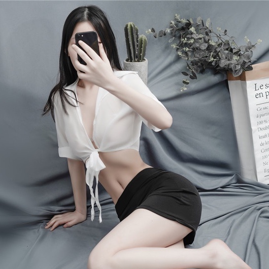 Wanita Lingerie Sexy Kardigan Seragam Seksi Rok Pendek Sekretaris Cosplay Set 3A231