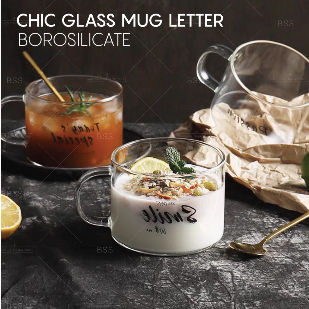 Gelas 450ml Cangkir Kaca Glass Borosilicate Sereal Cereal Cup Nordic Motif Lettering Cantik Unik