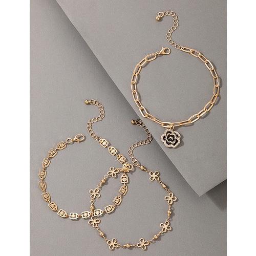 LRC Gelang Kaki Fashion Golden Rose Flower And Diamond Anklet Set V81368