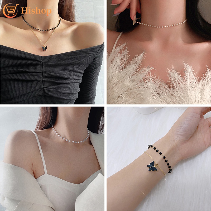 Kalung Gelang Rantai Liontin Kupu-Kupu Warna Hitam Untuk Wanita