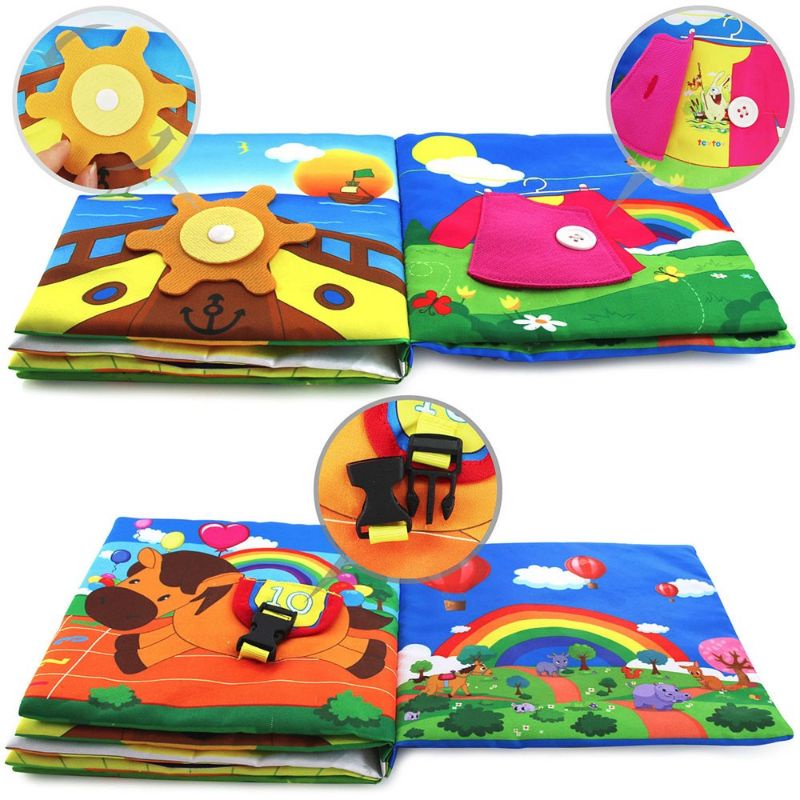 Buku Kain Bayi Edukasi Aktivitas Montessori Busy Soft Cloth Book Teether Soft Baby Crinkle 3D Touch Fabric Quiet Book - Zip, Button, Buckle ,Lace, Early Learning Basic Life Skills Soft Sensory Toy Kado Bayi Buku Bantal Kerincingan Newborn