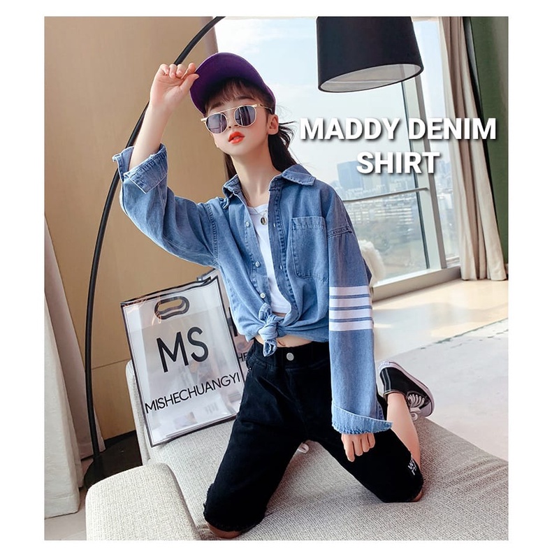 MADDY DENIM SHIRT KEMEJA JEANS CASUAL ANAK REMAJA CEWEK KOREA IMPOR LENGAN PANJANG KASUAL PEREMPUAN JINS