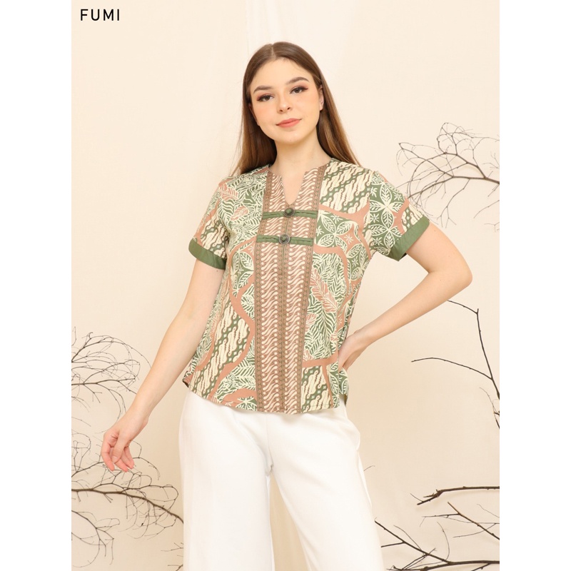 Evercloth Fumi Blouse Wanita Atasan Wanita Blouse Batik Wanita Lengan Pendek Atasan Batik Wanita Koin Kancing Shanghai Batik Couple Set Family Sarimbit Burung