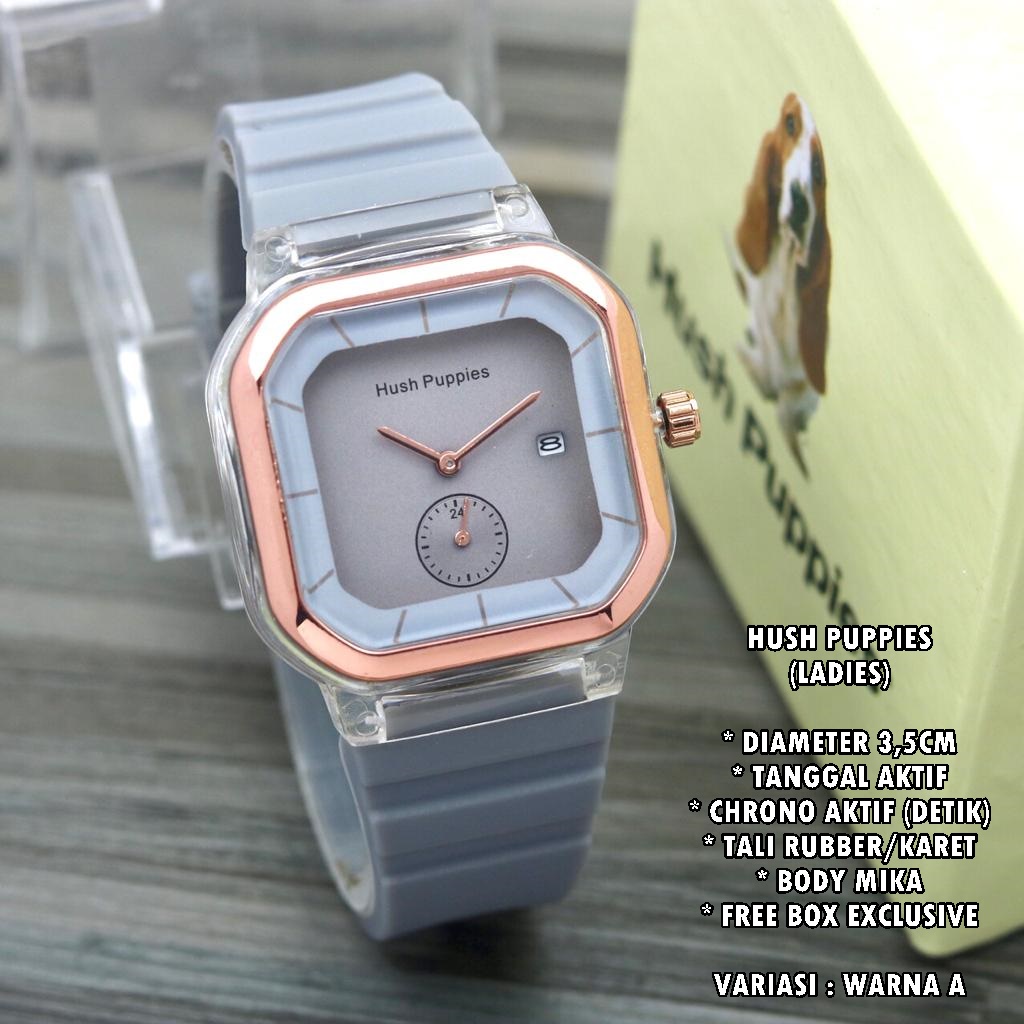 (BISA COD) JAM TANGAN WANITA HUSH PUPPIES TALI RUBBER BODY SEGI TANGGAL &amp; CHRONO ON