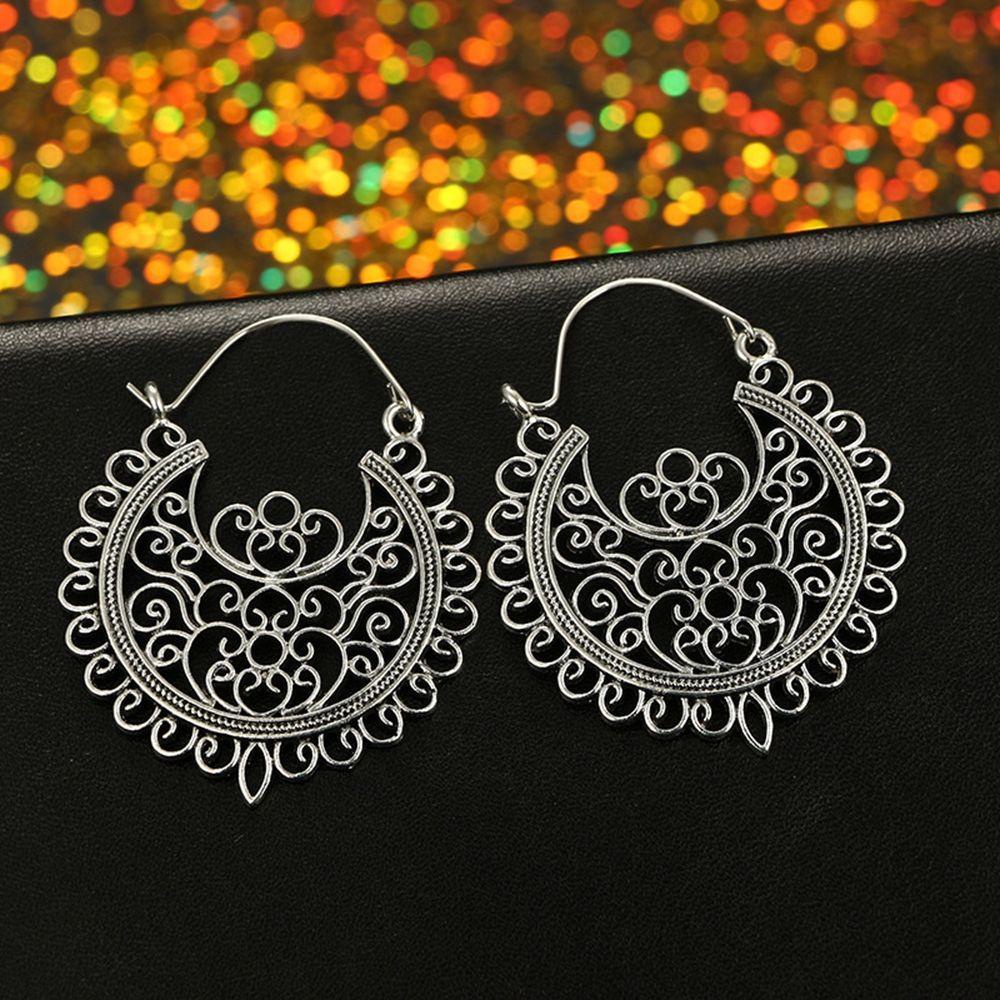 R-flower Hoop Earring Vintage Flower Pendant Jipsi Tribal Ear Studs