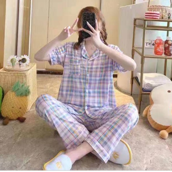 Baju tidur wanita / Piyama Cp baju tidur wanita krah pendek import kotak freesize-CP.K KOTAK UNGUHIJAU