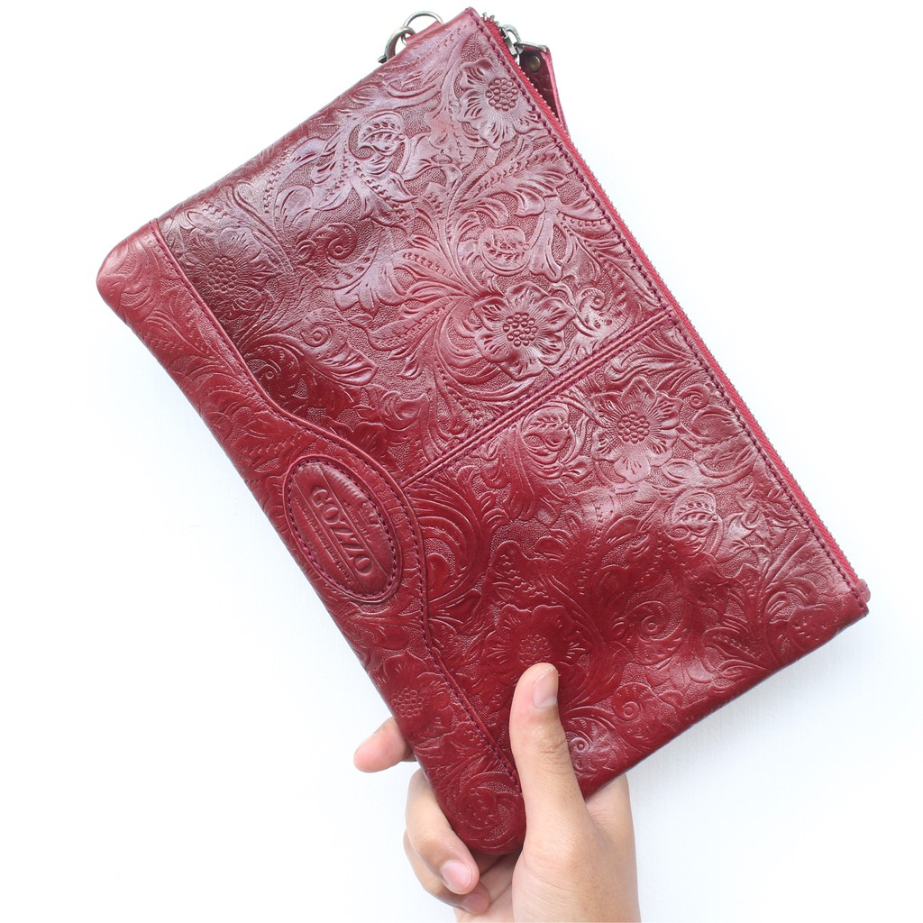 CLUTCH WANITA KULIT ASLI NEVARA KULIT BATIK MERAH / FREE GRAVIR NAMA DI POUCH