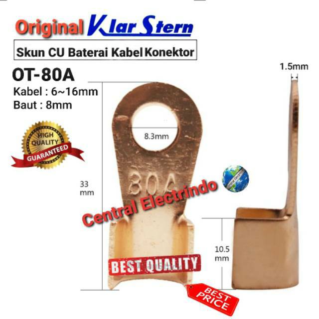 Skun Kabel CU KlarStern OT-80A Kabel 6~16mm Baut 8mm Baterai Kabel Konektor.