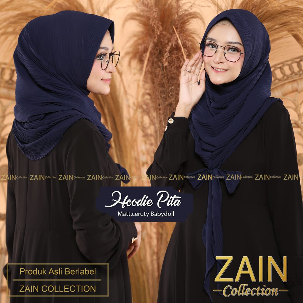 Jilbab Instan Hoodie Pita Plisket Ori Zain Collection-NAVY