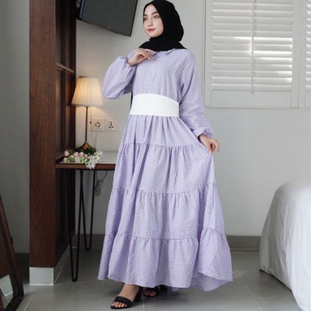 Gingham Obi Maxi Dress Payung Lebar | GRATIS OBI / BELT