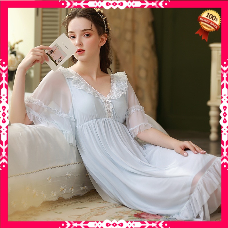 Baju Tidur Wanita Dewasa Import Sweet Mesh Lolita Night Dress Women Fairy Lace Peignoirs Princess Sl